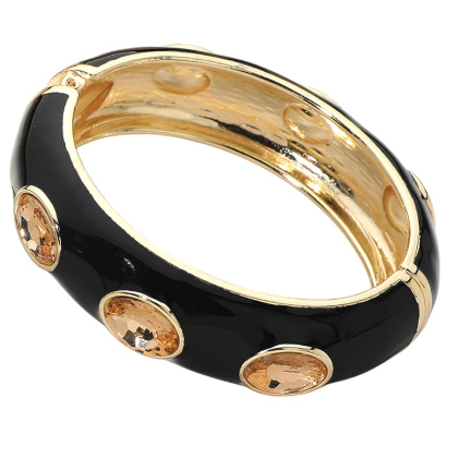 Black Enamel Oval Stone Accent Hinged Bangle Bracelet