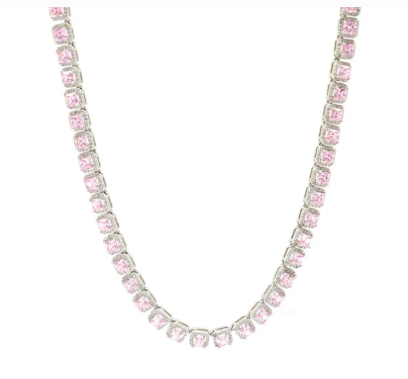 Tennis Pink Square Stone Necklace