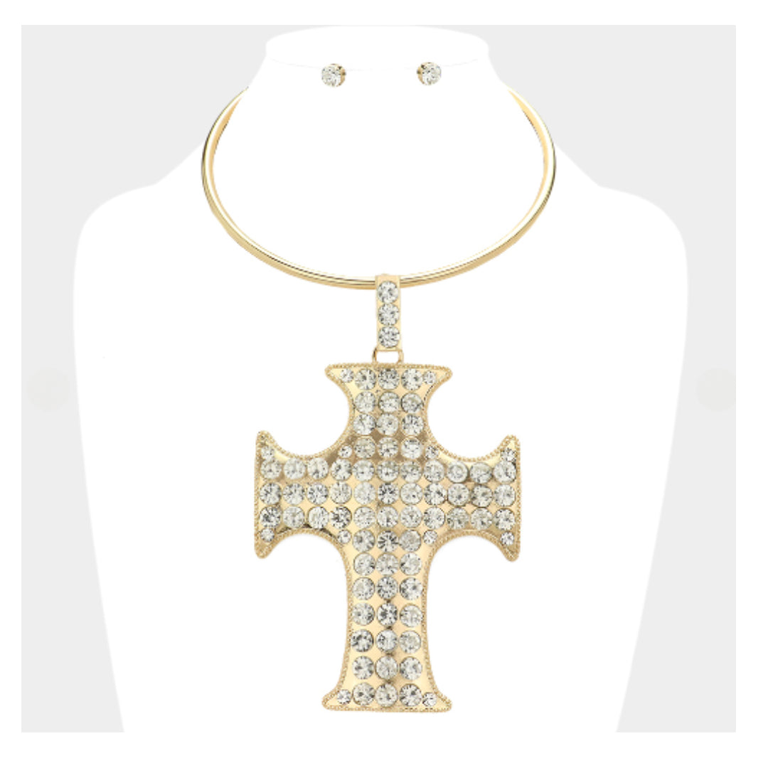 Pave Rhinestone Cross Pendant Necklace