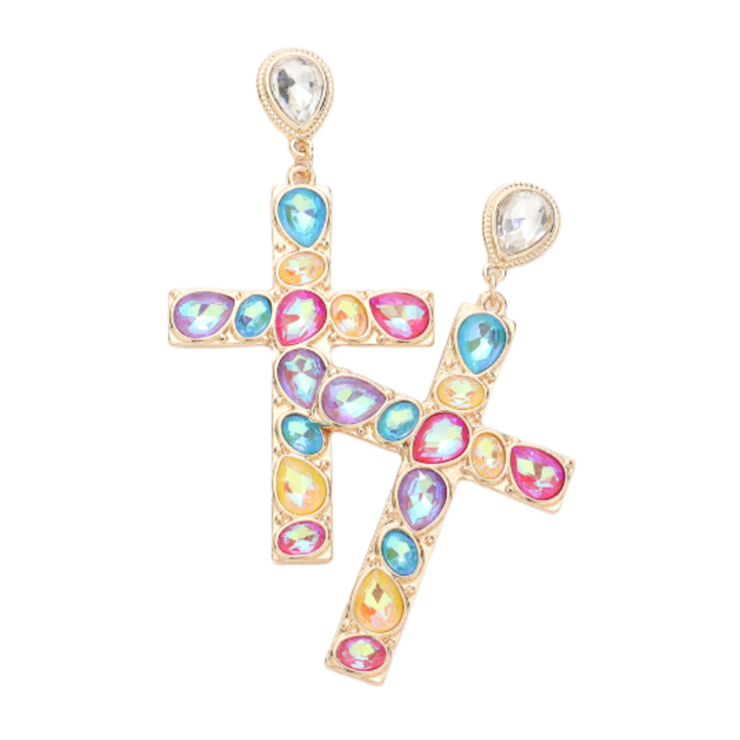 Stone Embellished Cross Dangle Earrings