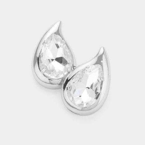 Teardrop Stone Earrings - Silver w/ Clear Stones
