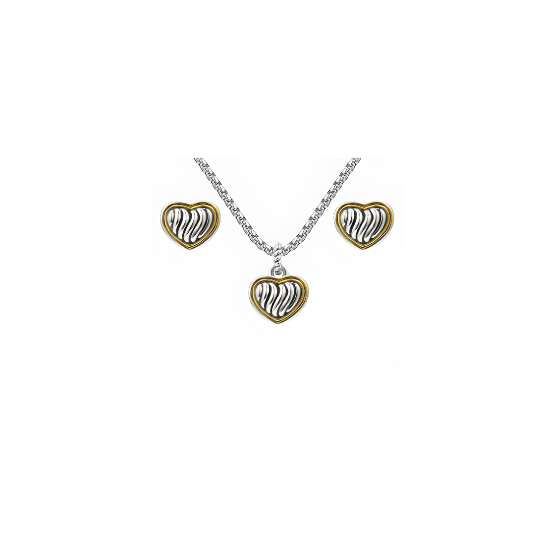 Two Tone Heart Necklace and Earring Set