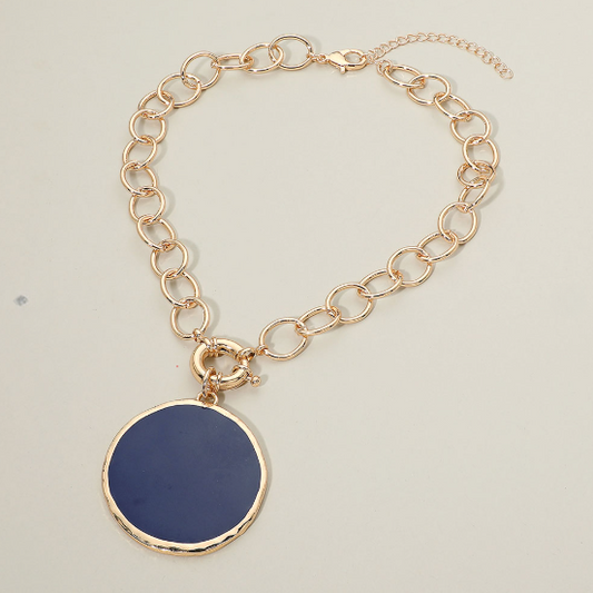 Blue and Gold Round Pendant Chain Necklace
