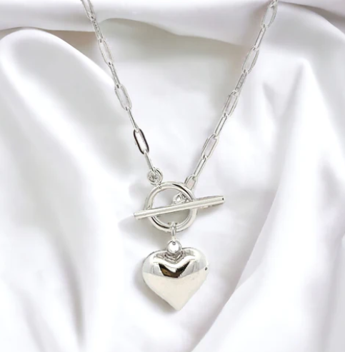 Sterling Silver Puff Heart Toggle Necklace