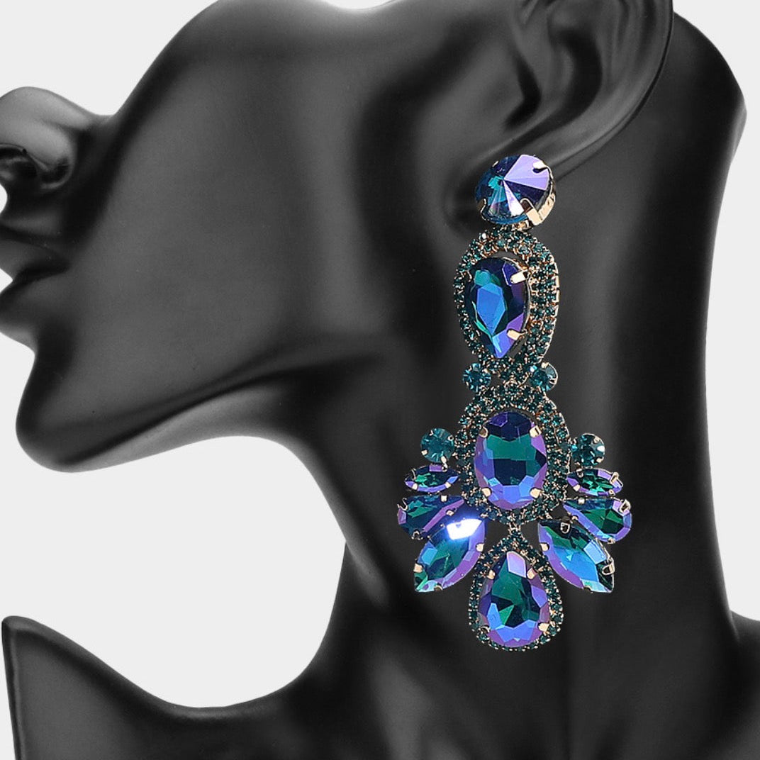 Blue Crystal Rhinestone Pave Evening Earrings