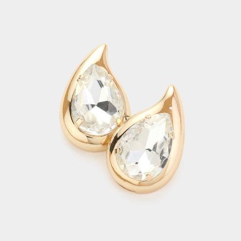 Teardrop Stone Earrings - Gold w/ Clear Stones