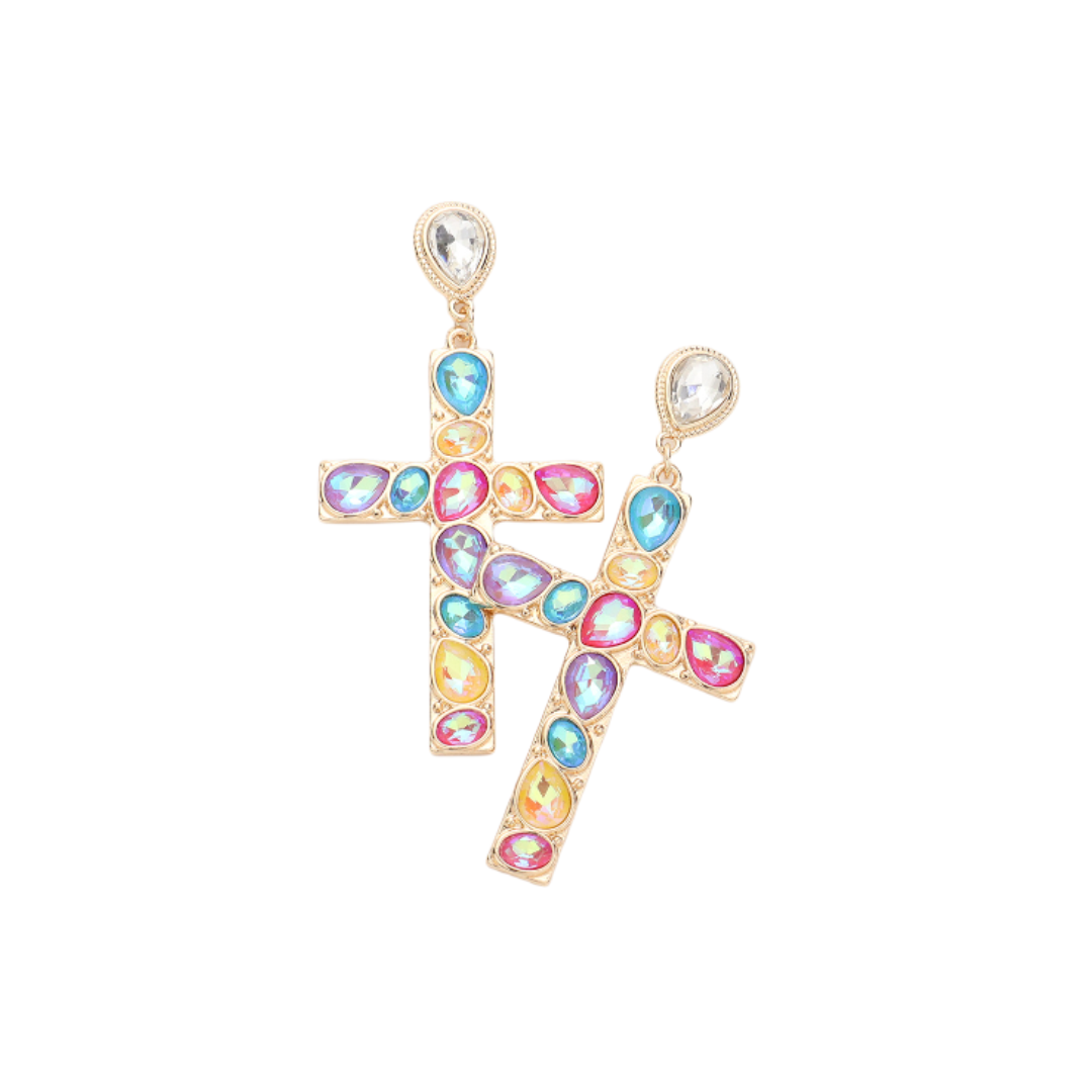 Stone Embellished Cross Dangle Earrings
