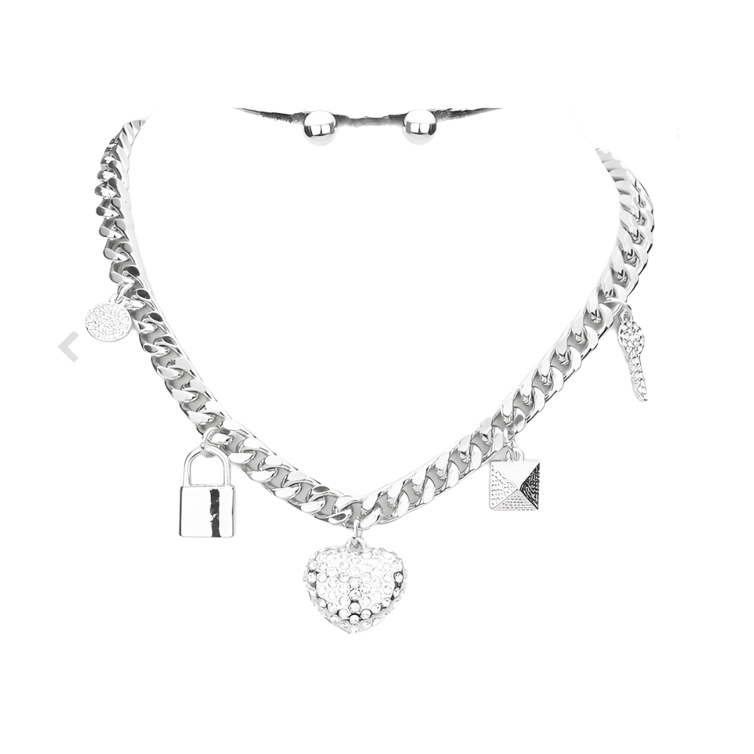 Rhinestone Heart Multi Charmed Necklace