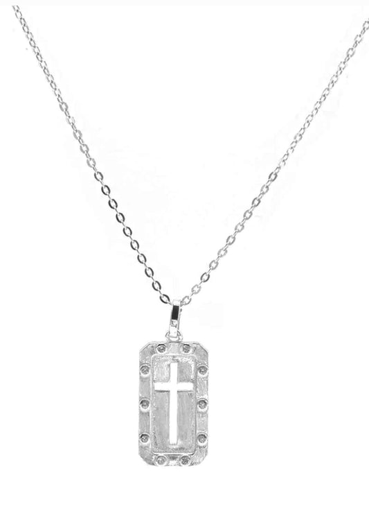 Sterling Silver Square Plate Cross Necklace