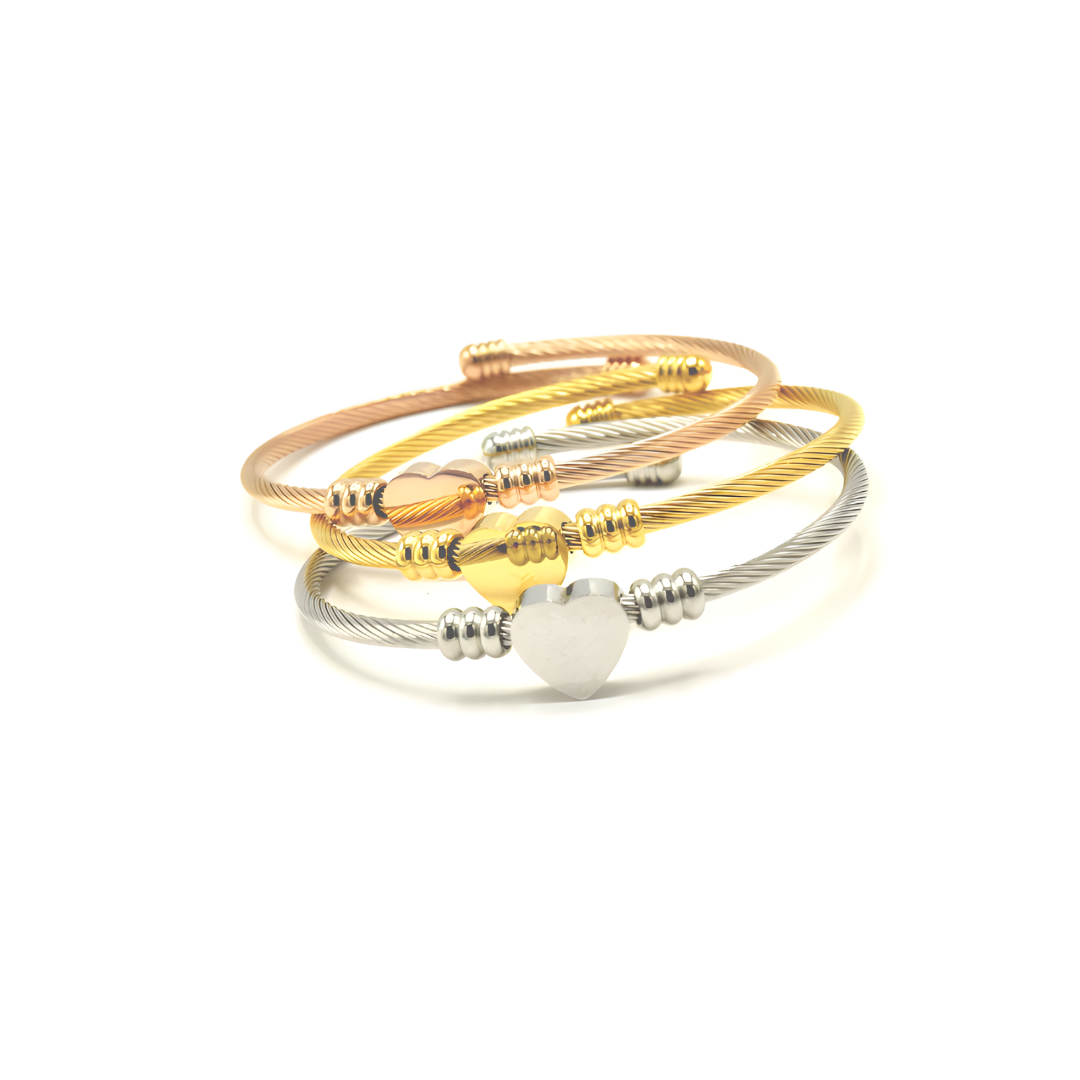 Tri-Color Heart Bangle Set