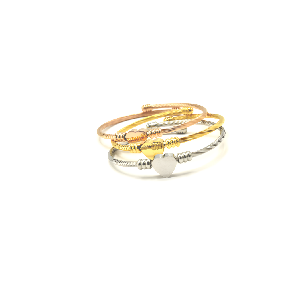 Tri-Color Heart Bangle Set