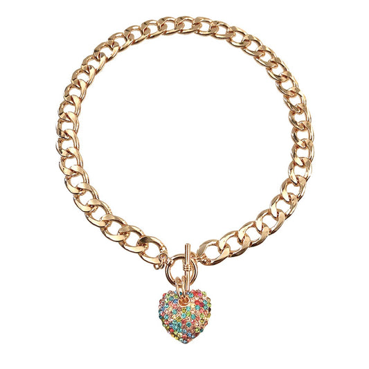 Rhinestone Heart Toggle Necklace - Multi Color